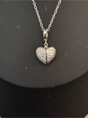 Silver Heart Paw Print Pendant Necklace - Pet Lover Necklace